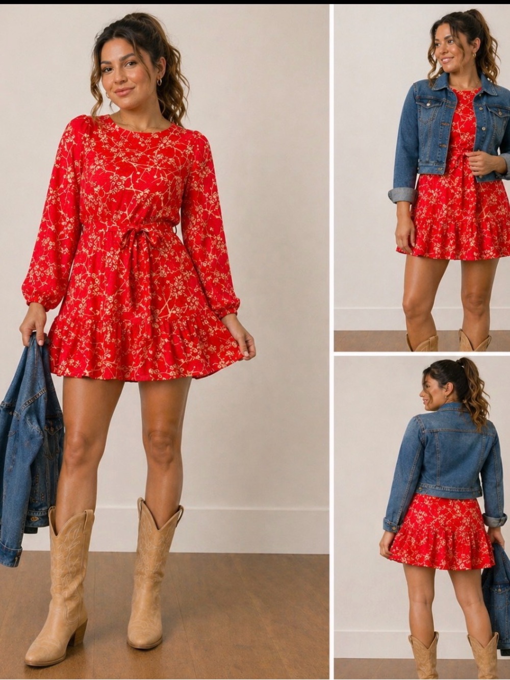 Flying Tomato Red Floral Mini Dress SizBoho Western Tie Waist Ruffle Hem XS